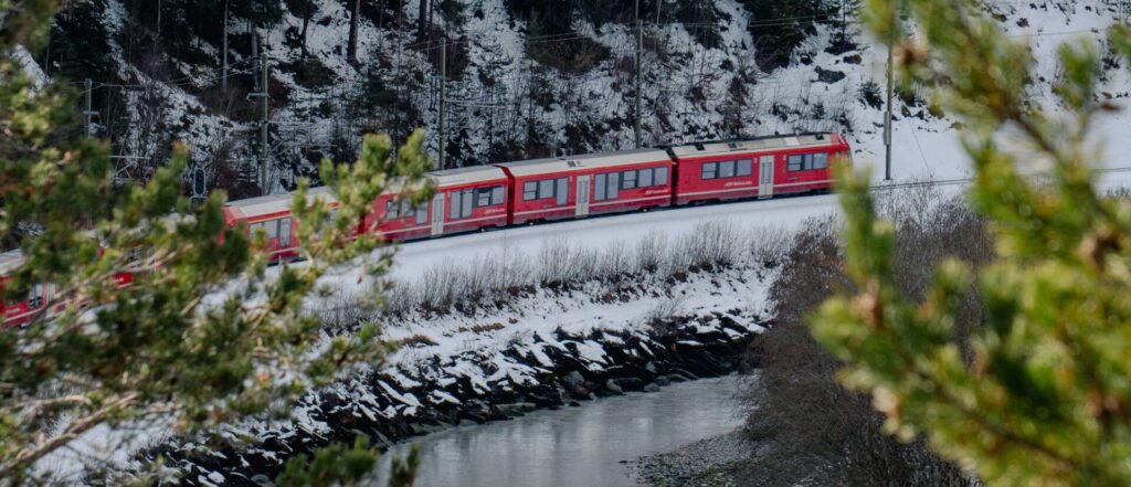 Trein rijdt door een besneeuwd berglandschap met dennenbossen