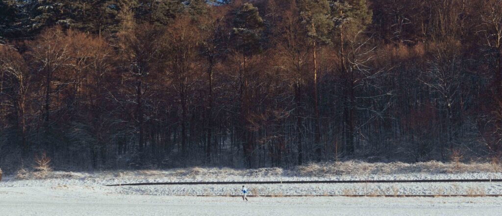 Treinrails door een winters landschap op weg naar de kerstmarkten